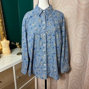 Vintage 90s Victoria Jones Floral Button-Up Blue 100% Cotton Shirt Size XL
